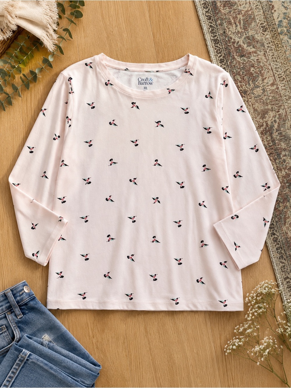 Croft & Barrow Pink Hummingbird Print 100% Cotton Top XXL